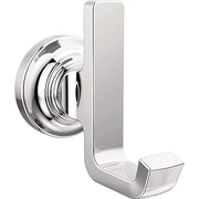 Chrome robe hook with circular decorative escutcheon and rectangular mounting plate with curved hook extending downward.