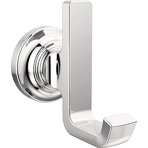 Chrome robe hook with circular decorative escutcheon and rectangular mounting plate with curved hook extending downward.