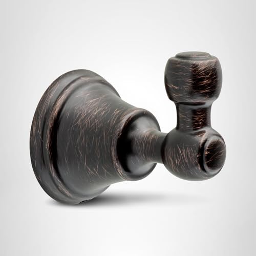 Oil-rubbed bronze robe hook with round backplate and curved hook arm.