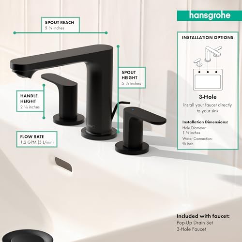 Matte black three-hole widespread bathroom faucet with pop-up drain, featuring curved handles and spout with labeled dimensio