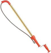 Red and brass toilet snake with curved handle, flexible metal cable, and drop head attachment at bottom.
