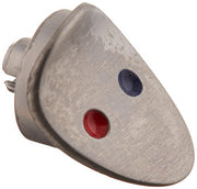 Stainless steel button with blue and red indicator dots for hot and cold water selection.