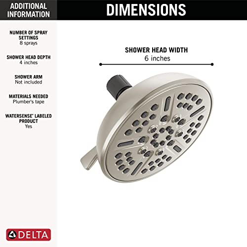 Satin nickel round shower head, 6 inches wide, with multiple spray ports and black adjustment knob.