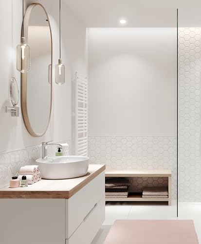 Chrome single-hole bathroom faucet with curved spout mounted above white round sink on wooden vanity.