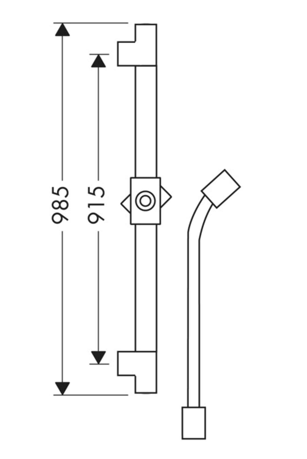 Technical drawing of chrome wallbar with vertical rail, integrated outlet, and curved handshower connection with dimension ma