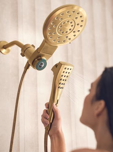 Brushed gold dual shower head combo with handheld and overhead sprayers connected by hose.