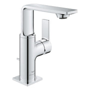 Grohe Allure chrome single-handle bathroom faucet with curved spout and rectangular handle on square base.