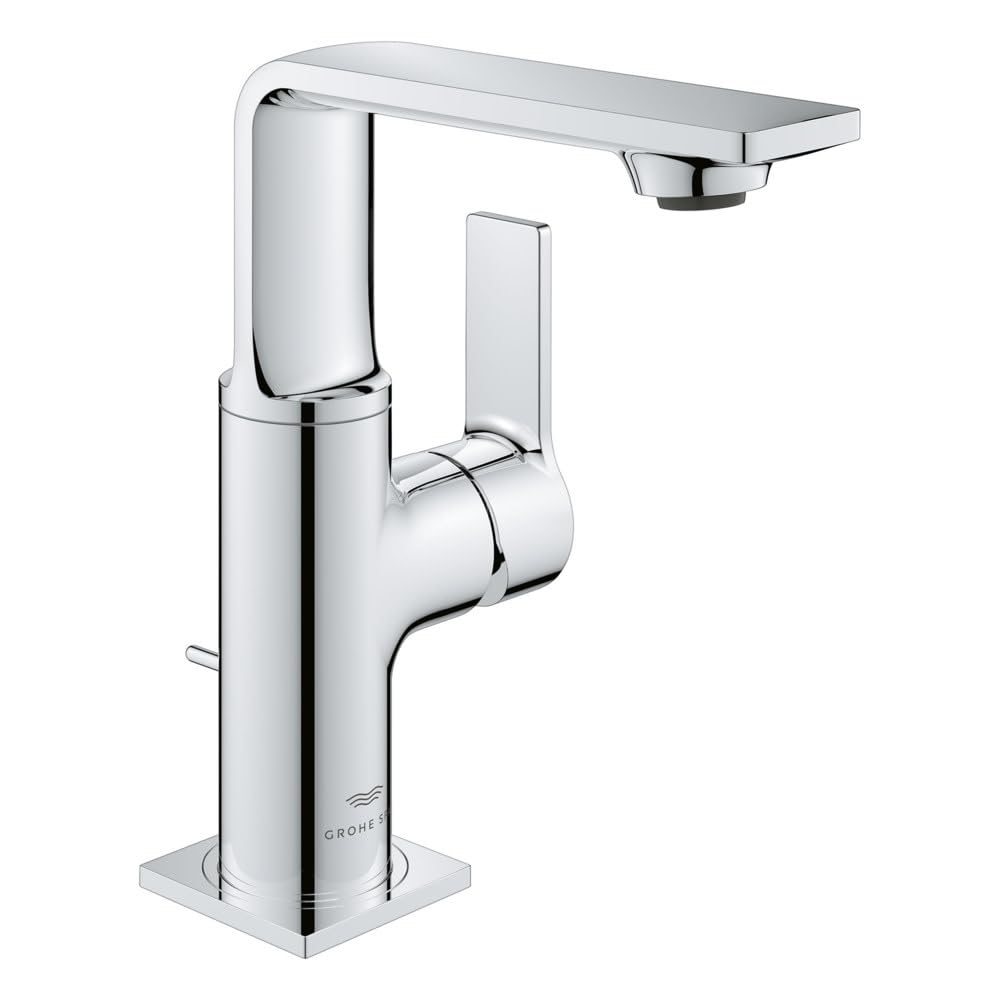 Grohe Allure chrome single-handle bathroom faucet with curved spout and rectangular handle on square base.