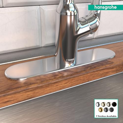 Chrome base plate for single-hole kitchen faucet with oval shape, approximately 10 inches wide.