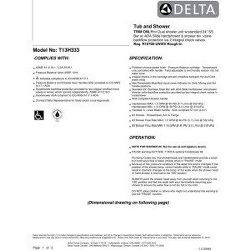 Delta T13H333 chrome dual shower diverter trim with single handle blade and specifications sheet.