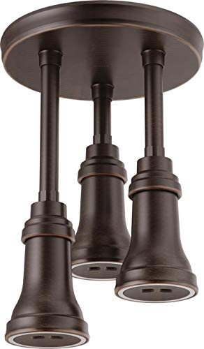 Oil-rubbed bronze ceiling-mounted shower head with three pendant nozzles and LED lighting.