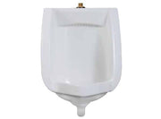 White ceramic wall-mounted urinal with brass supply connection at top and drainage outlet at bottom.