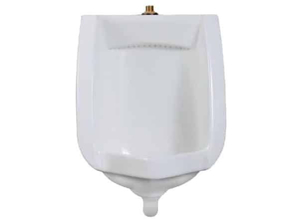 White ceramic wall-mounted urinal with brass supply connection at top and drainage outlet at bottom.