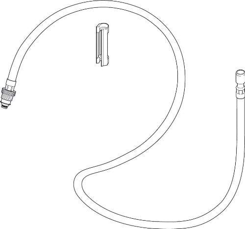 Coiled hose with quick connect fittings at both ends and metal clip attachment point, shown in technical diagram view.