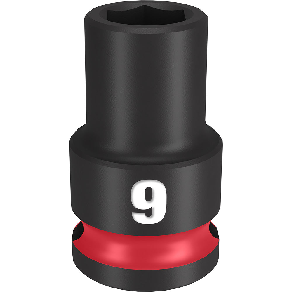 Black 3/8" drive socket with 6-point opening, marked "9" on the side with red band at base.