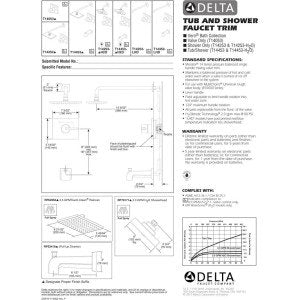 Delta Vero chrome single-handle tub and shower trim installation diagram with specifications and technical details.