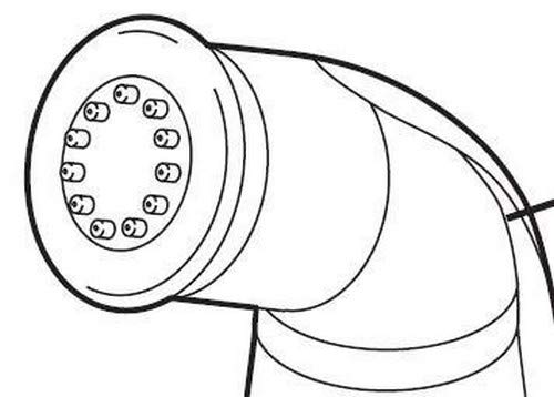 Cylindrical spray head with multiple spray nozzles arranged in circular pattern and curved connector tube.
