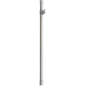 Chrome vertical shower rail with adjustable glide bracket and wall mounting brackets at top and bottom.