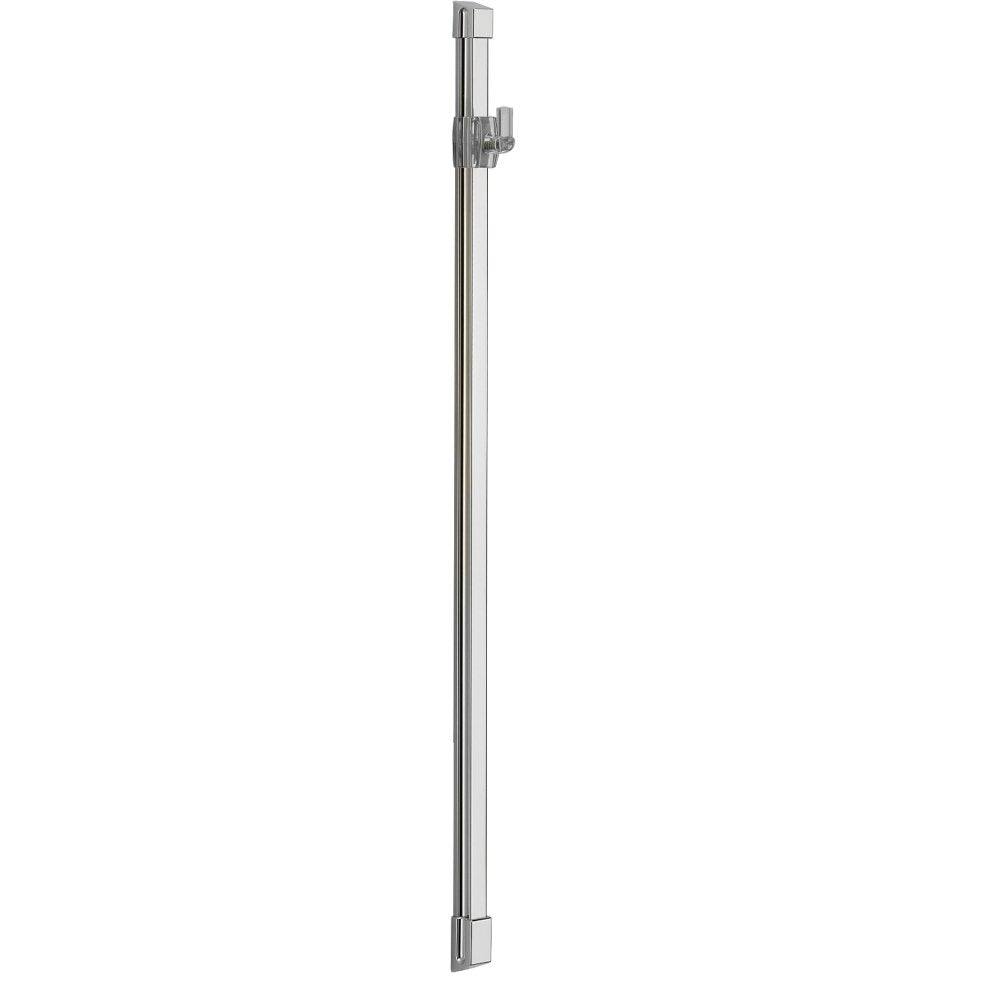 Chrome vertical shower rail with adjustable glide bracket and wall mounting brackets at top and bottom.