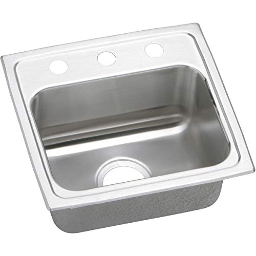 Stainless steel drop-in sink with single bowl, three mounting holes, and drain opening on brushed surface.