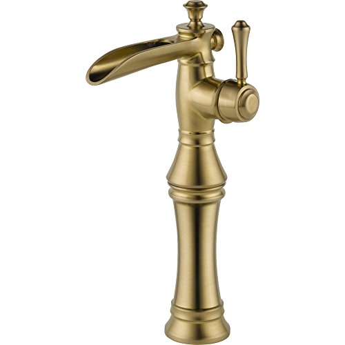 Brass single-handle bathroom faucet with curved spout and lever control on tapered pedestal base.