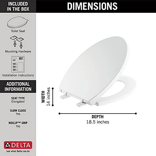 White elongated toilet seat with slow-close lid, 18.5 inches deep and 14 inches wide.