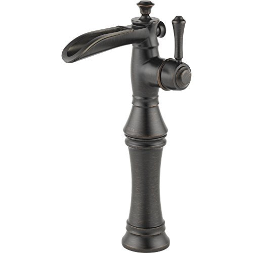 Black single-handle bathroom faucet with curved spout, lever handle, and tall pedestal base.