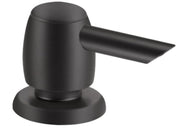Matte black soap and lotion dispenser with cylindrical pump and round base.