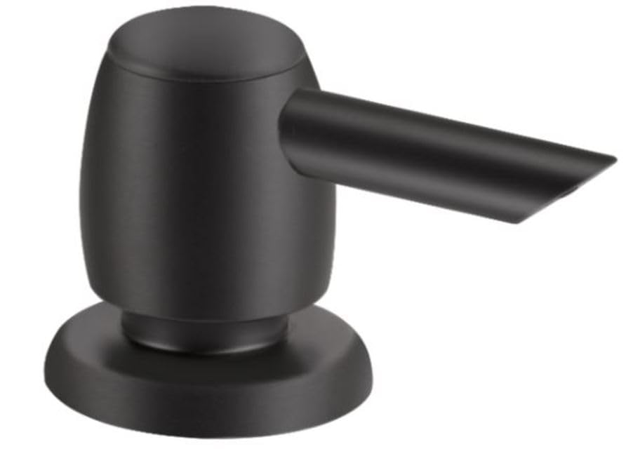 Matte black soap and lotion dispenser with cylindrical pump and round base.