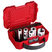 Red Milwaukee HOLE DOZER kit with nine hole saws in various sizes displayed in open carrying case with handle.