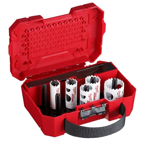 Red Milwaukee HOLE DOZER kit with nine hole saws in various sizes displayed in open carrying case with handle.