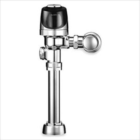 Chrome metal sensor flushometer with black actuator cap and manual override lever for urinals.
