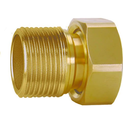 Brass male union tail fitting with 1 inch NPT threads and hexagonal nut.