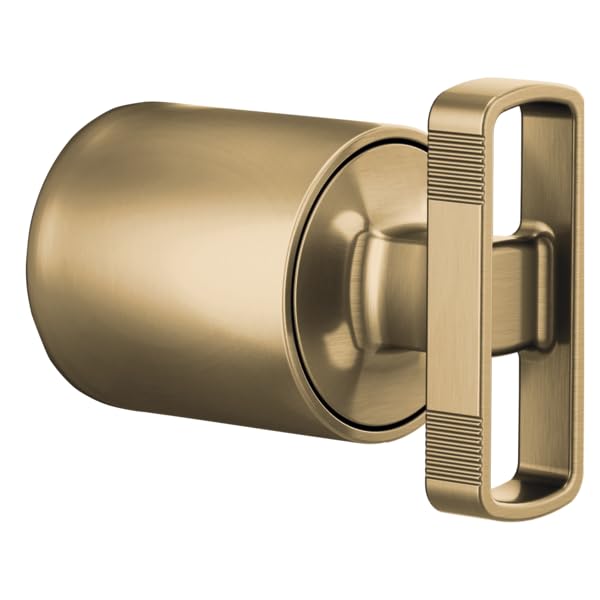 Brushed gold cylindrical valve trim knob with rectangular mounting plate and horizontal handle.