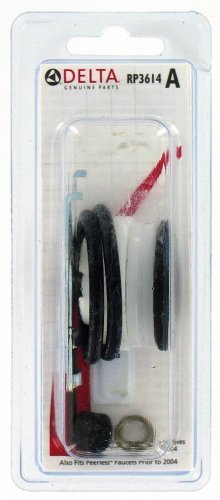 Delta RP3614 repair kit containing black handle components and metal parts in clear plastic packaging.