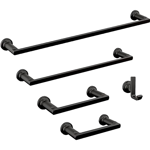 Matte black towel bars and mounting hardware in various lengths with rounded end caps.