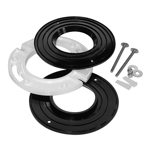 Black and white plastic closet flange spacer rings with metal bolts, gaskets, and shims displayed on white background.