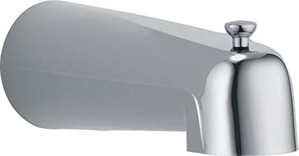Chrome tub spout with gray diverter pull-up handle mounted on wall.