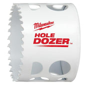 White Milwaukee HOLE DOZER bi-metal hole saw with serrated cutting edge and ventilation holes.
