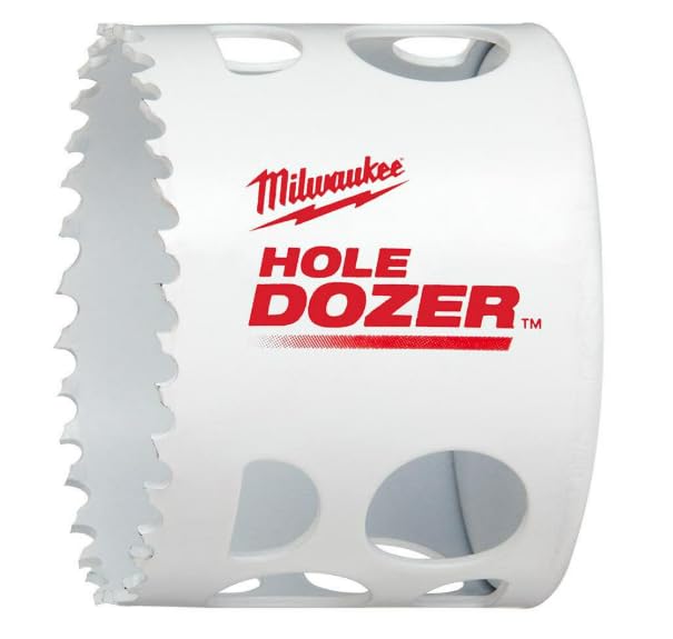 White Milwaukee HOLE DOZER bi-metal hole saw with serrated cutting edge and ventilation holes.