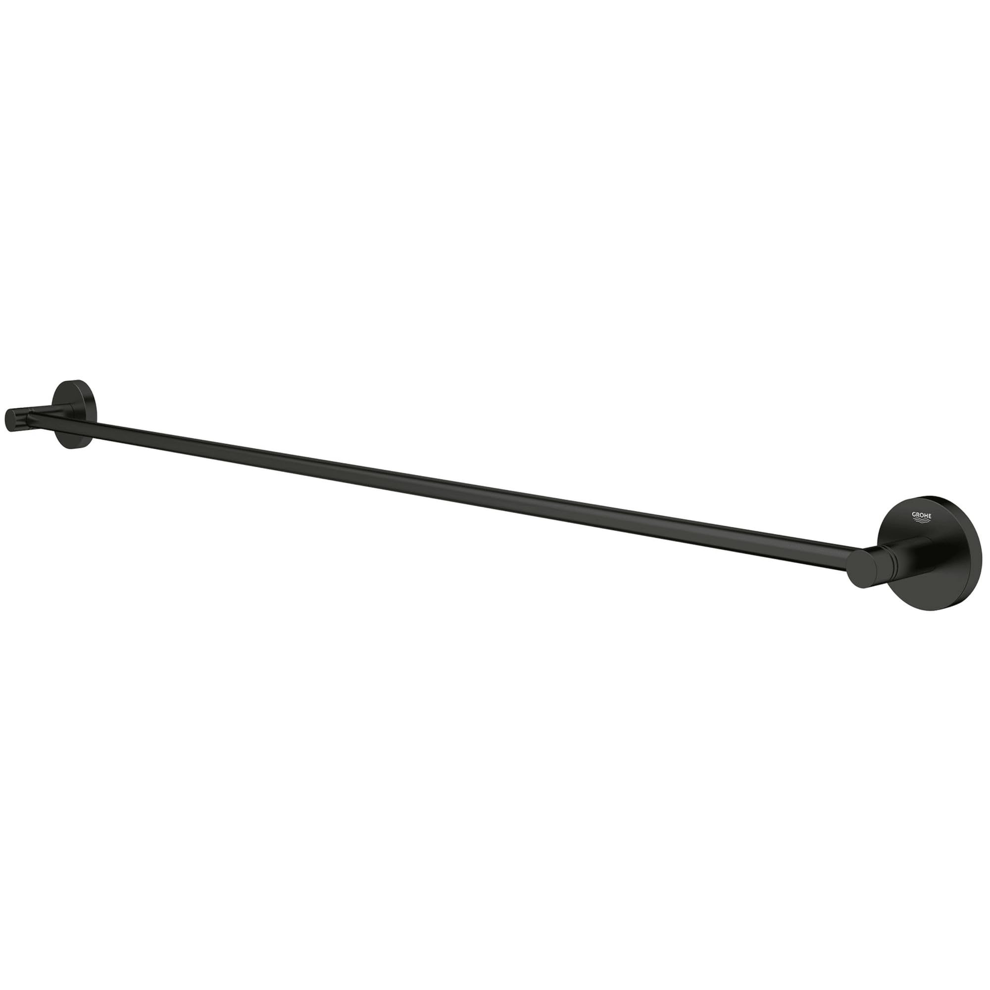 Matte black towel bar with circular wall mounts on each end.