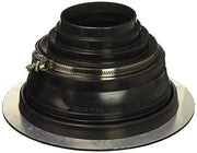 Black metal roof flashing collar with tiered cone design and stainless steel hose clamp.