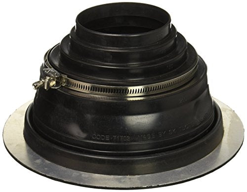 Black metal roof flashing collar with tiered cone design and stainless steel hose clamp.