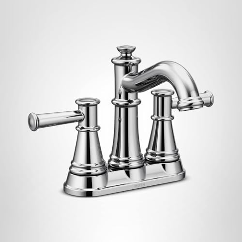 Chrome centerset bathroom faucet with two handles, curved spout, and tapered base.