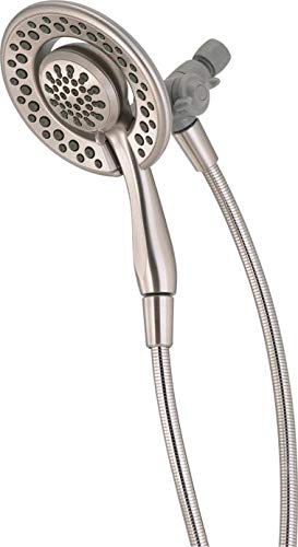 Brushed nickel dual showerhead with flexible hose and adjustable arm mount.