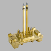 Brass tub filler rough-in valve with two tall vertical stems, black bands, and mounting base with side ports.