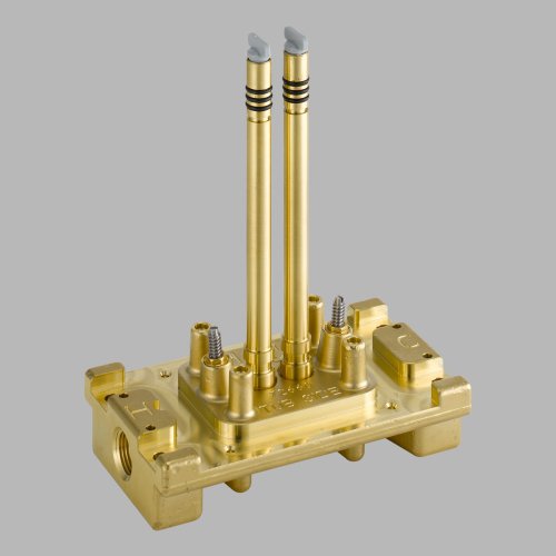Brass tub filler rough-in valve with two tall vertical stems, black bands, and mounting base with side ports.