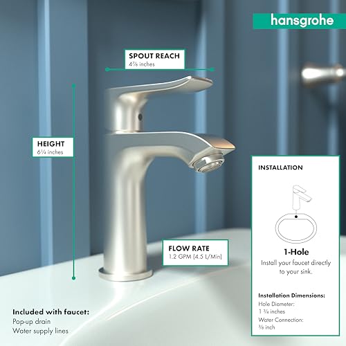 Brushed nickel single-hole bathroom faucet with curved spout and tall cylindrical handle shown with specifications.