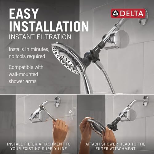 Chrome shower filter attachment with dual showerhead and hose, showing installation steps for wall-mounted application.