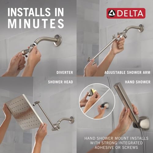 Brushed nickel Delta shower combo system with fixed raincan head, hand shower, adjustable arm, diverter, and mounting hardwar